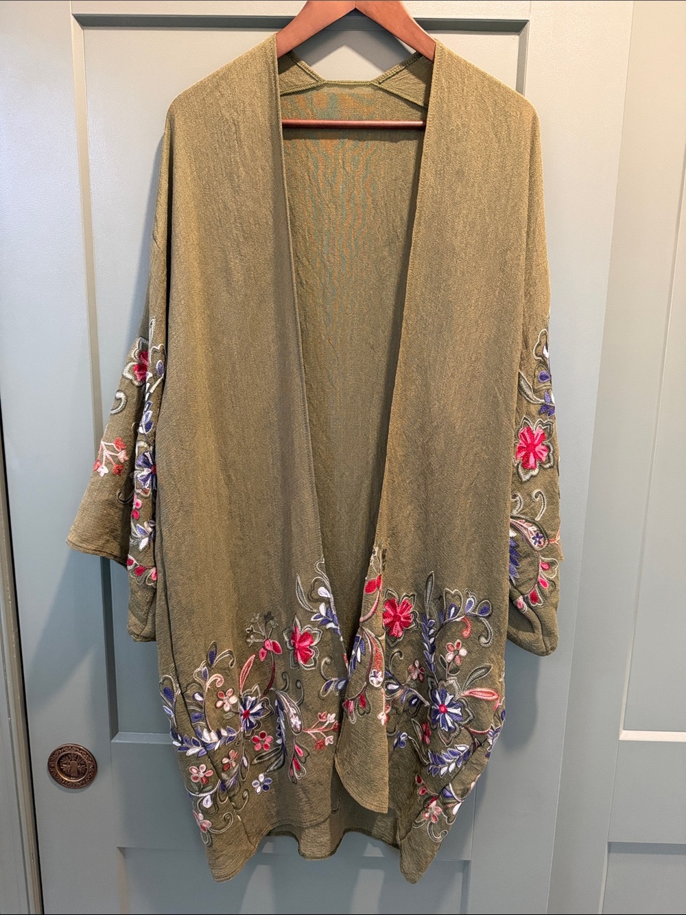 Embroidered Olive Green Kimono